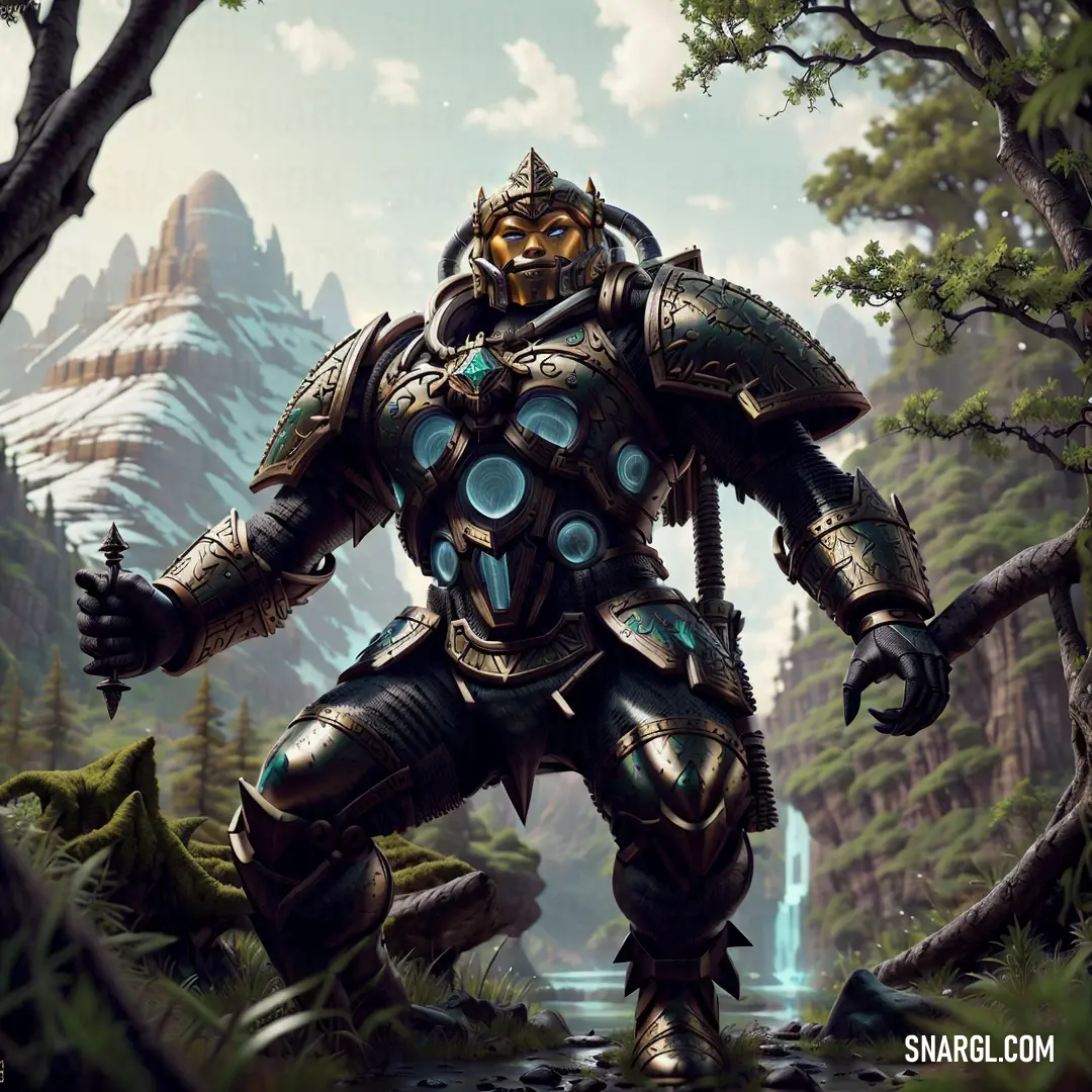 Man in a suit standing in a forest with a sword in his hand and a mountain in the background