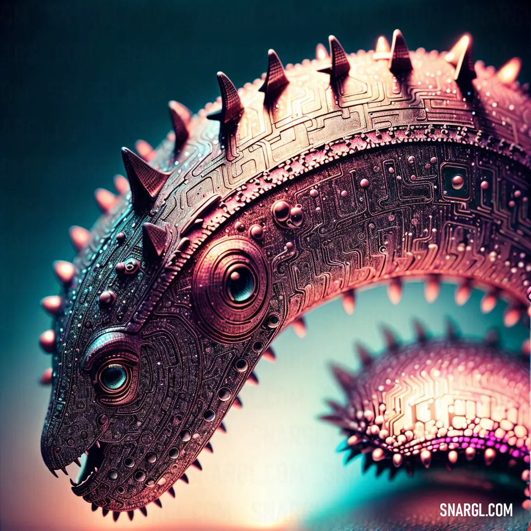 Close up of a metal sculpture of a dragon head with spikes on it's head and eyes