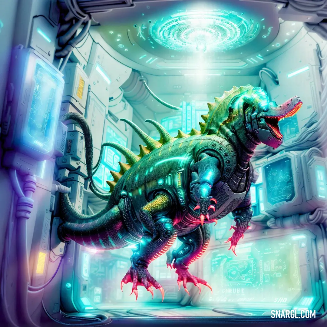 Dinosaur in a futuristic space station with a light on it's head and a large