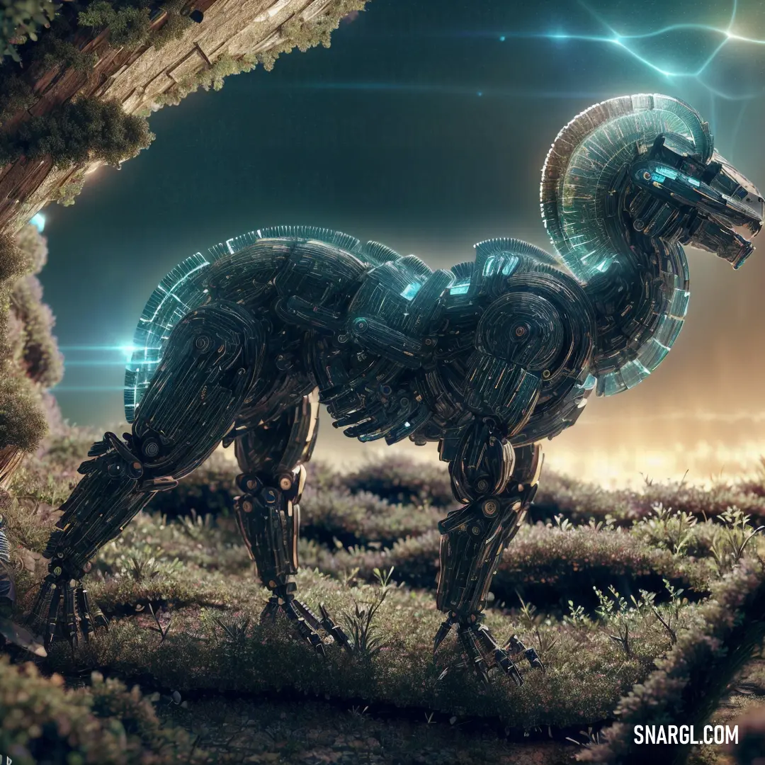 Futuristic dog standing in a field of grass with a sky background