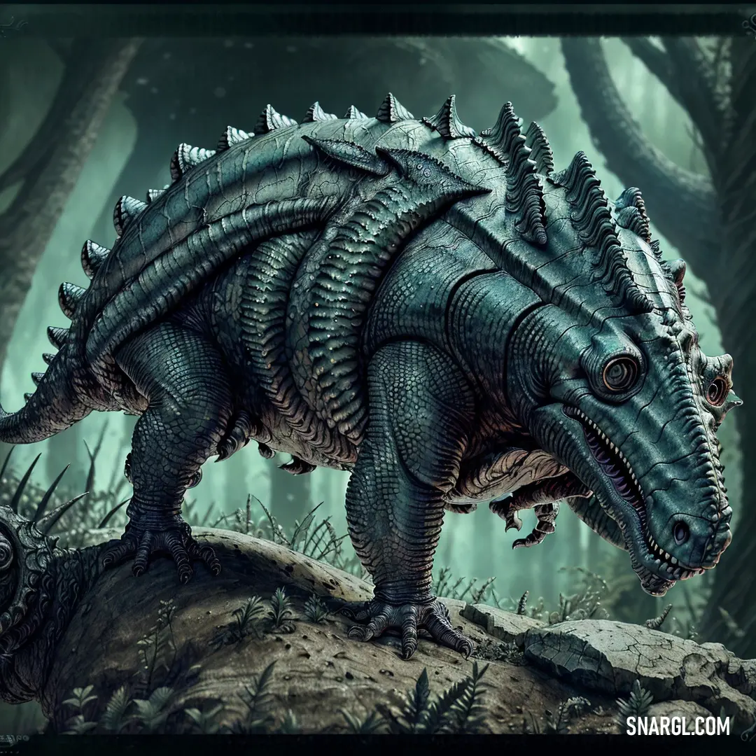 Large dinosaur standing on top of a dirt field next to trees and bushes in a forest filled with green foliage