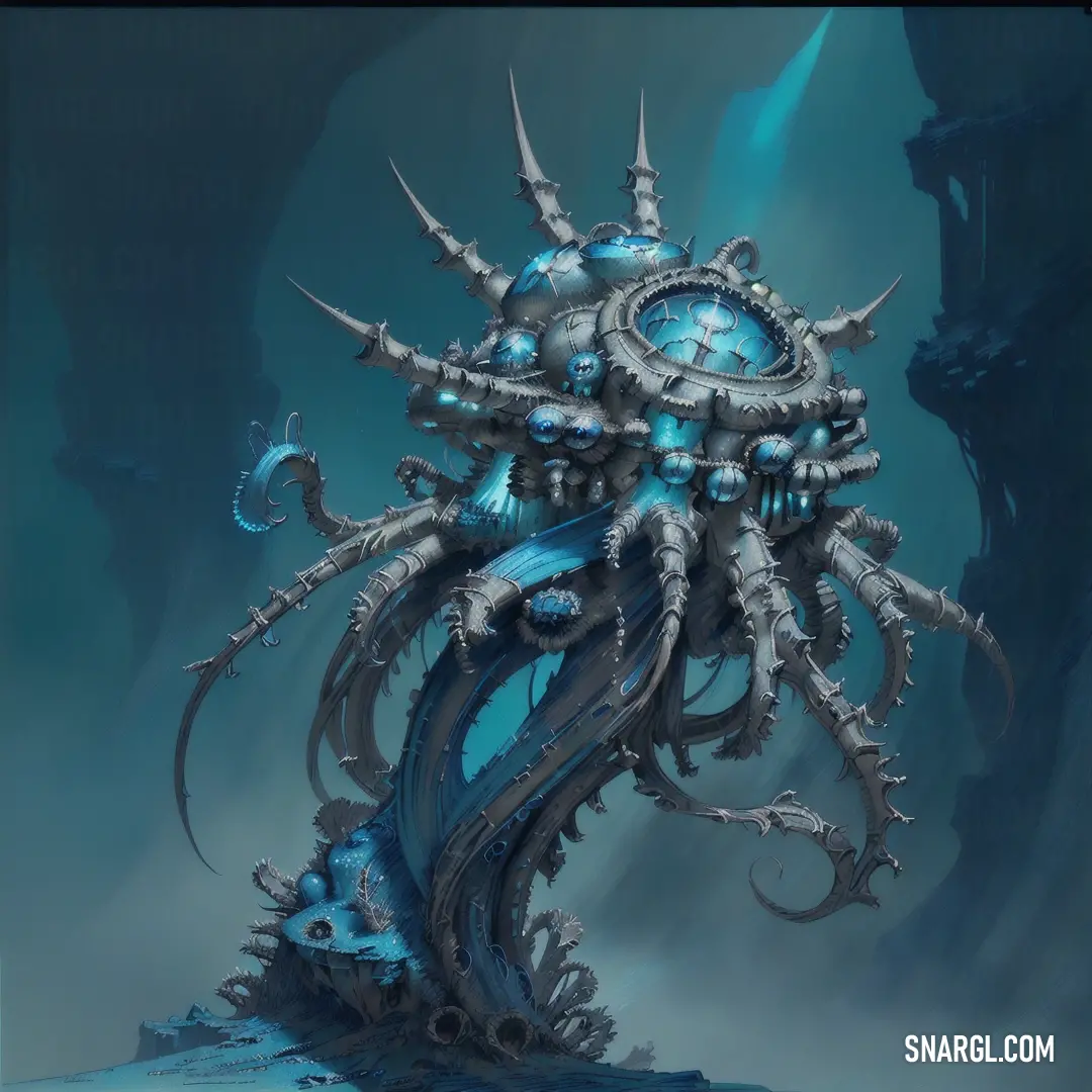 Blue and silver sculpture of a giant octopus with spikes and spikes on its head and body