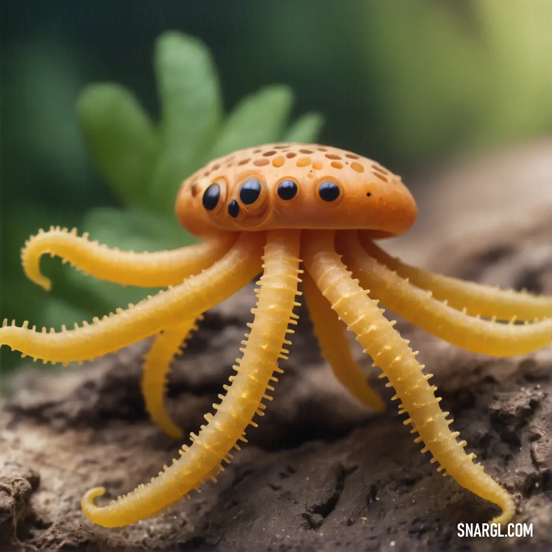 Close up of a small orange octopus on a rock with leaves in the background
