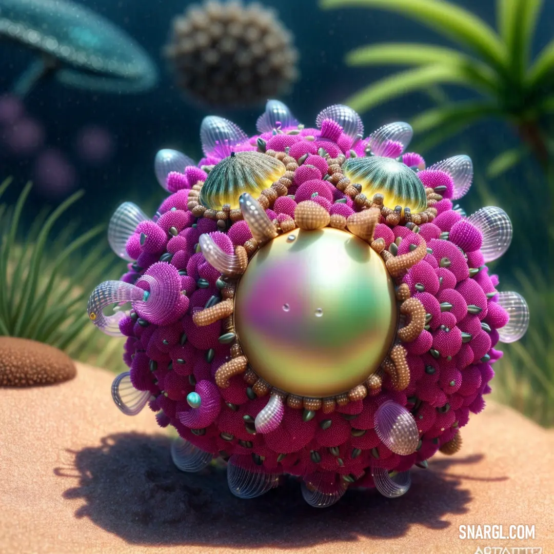 Colorful object with a pearl in the middle of it's center surrounded by other objects and plants