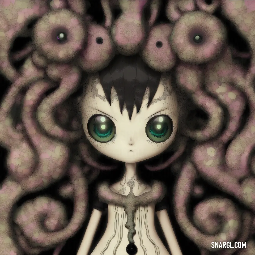 Digital painting of a girl with green eyes and a strange hairdow with tentacles around her head