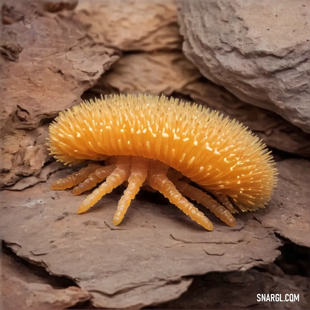 Yellow and orange Agnotozoa with long legs on a rock surface with rocks in the background