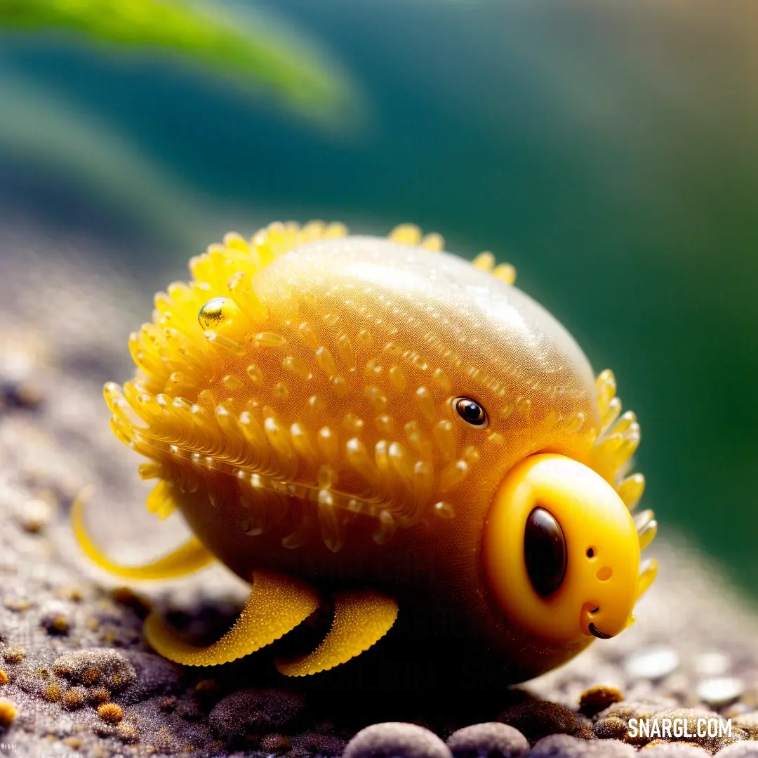 Yellow fish with a yellow head and yellow legs on a sandy surface with small bubbles and small green leaves