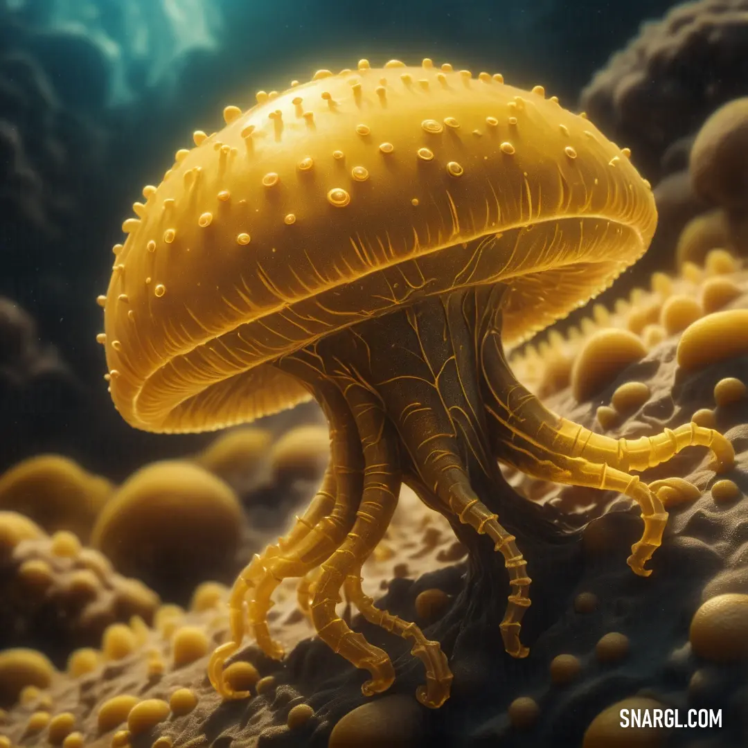 Yellow jellyfish floating in the ocean with bubbles on it's head and legs, with a blue background