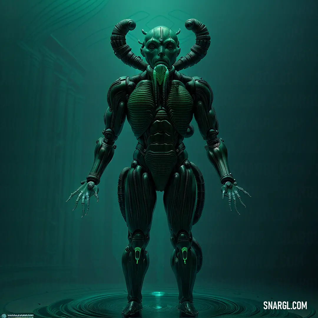 Futuristic alien standing in a green room with a light shining on it's face and arms