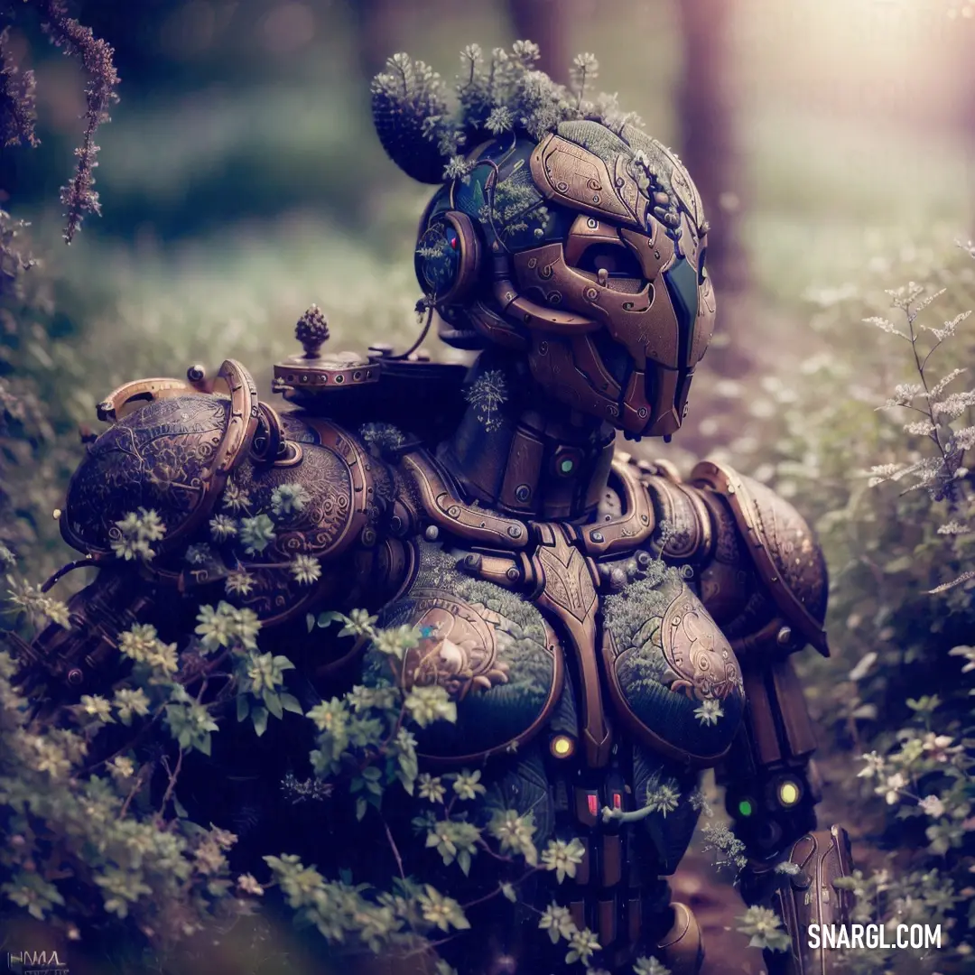 Robot is standing in a field of flowers and plants with a green background and a light shining through the lens