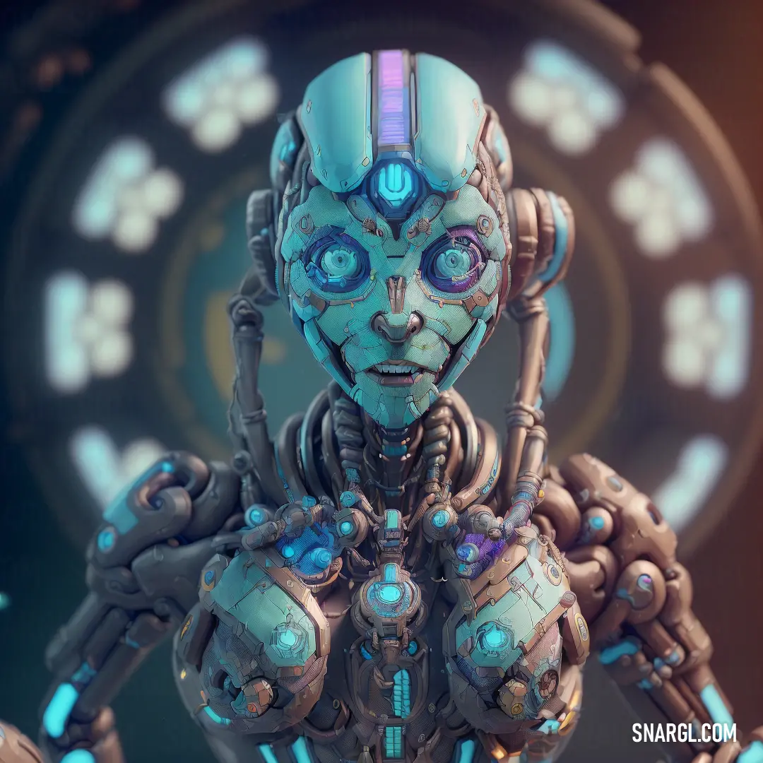 Robot with a futuristic look and a clock in the background with blue lights on it's face