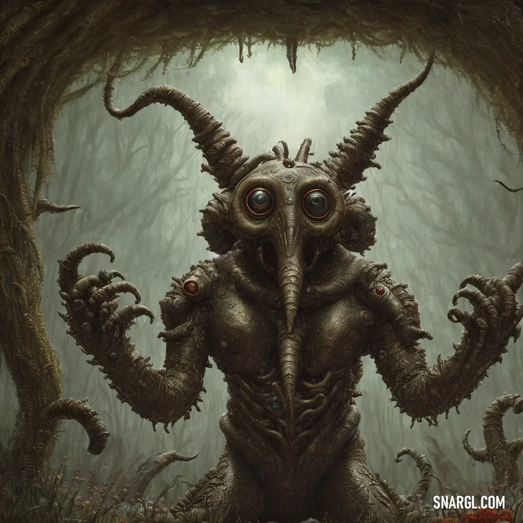 Strange creature with large horns and huge eyes in a forest with trees and plants