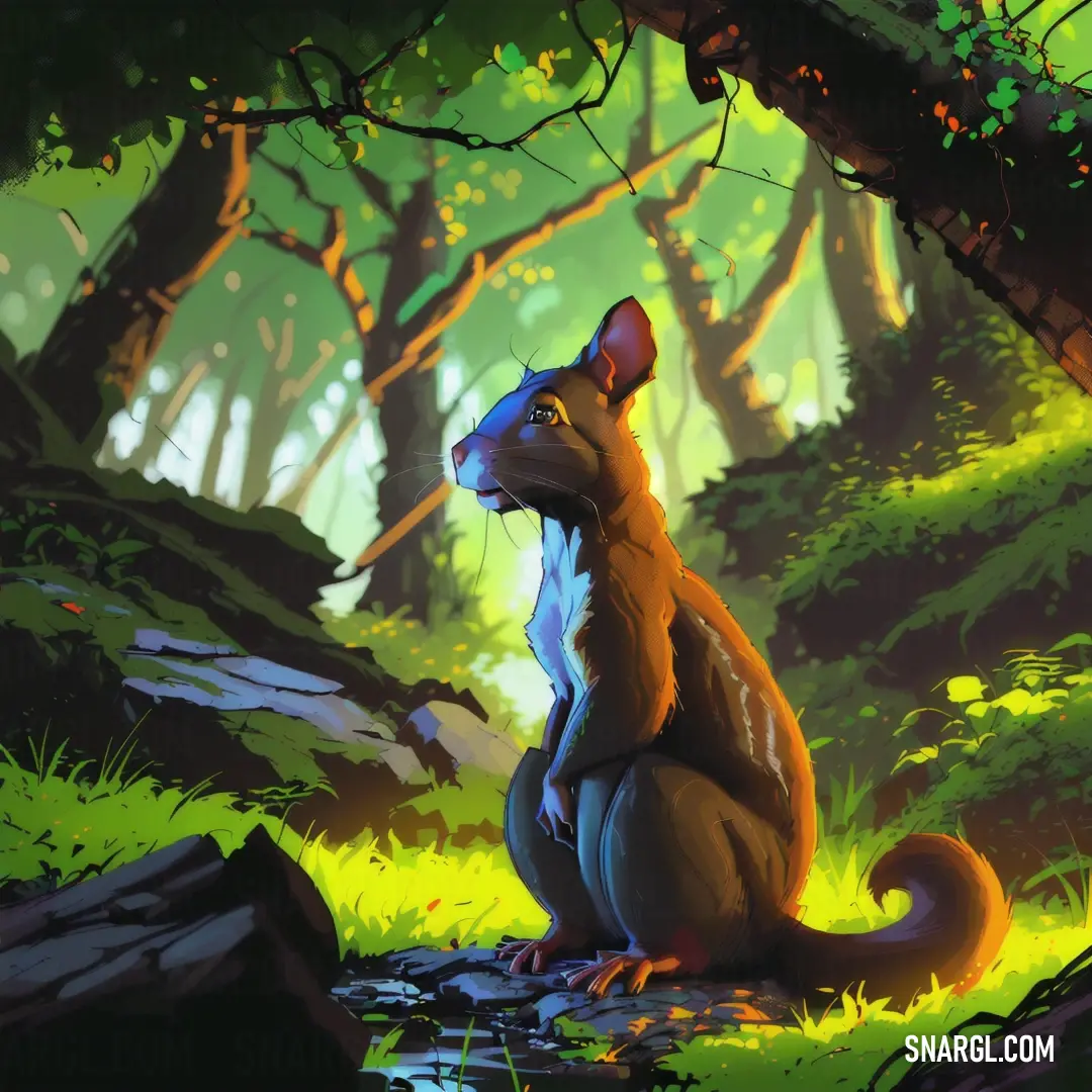 Cartoon of a squirrel in the woods looking up at the sky and trees