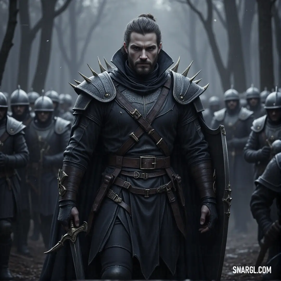 Agravain in a black outfit, leading a group of armored warriors, his sword raised in preparation for battle. Agravain, dressed in dark attire, stands at the forefront of a group of armored warriors, sword held high. The imposing figures of his comrades flank him, creating a formidable presence ready to face any foe.