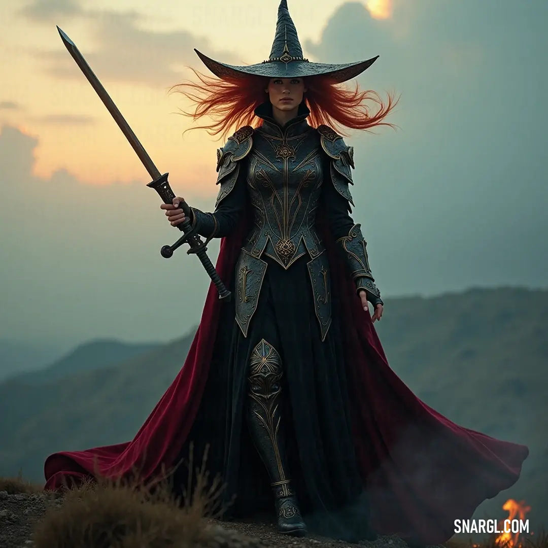 A captivating figure dressed in costume stands atop a hill, her sword raised high against a backdrop of a fiery sunset. The glowing flames in the distance add a dramatic flair, enhancing the air of valor surrounding her poised stance.