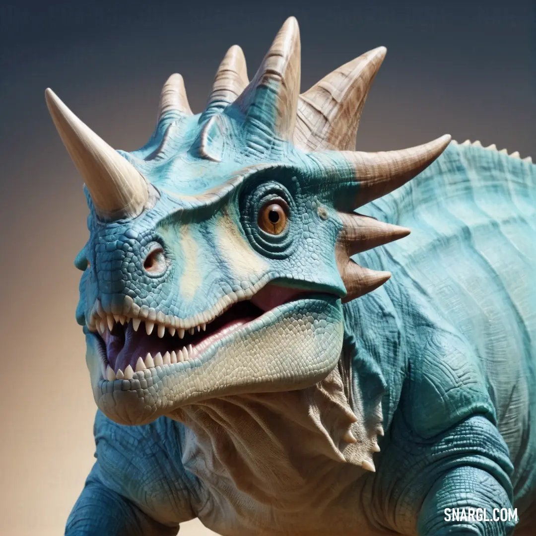 Close up of a toy Aguhaceratops with a big smile on its face and teeth, with a blue background