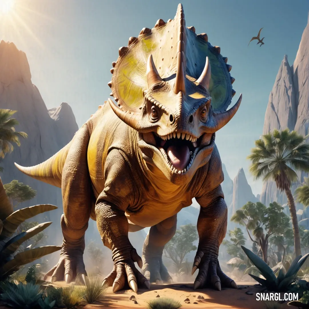 Aguhaceratops with a large head and large horns in a desert area with palm trees and mountains in the background