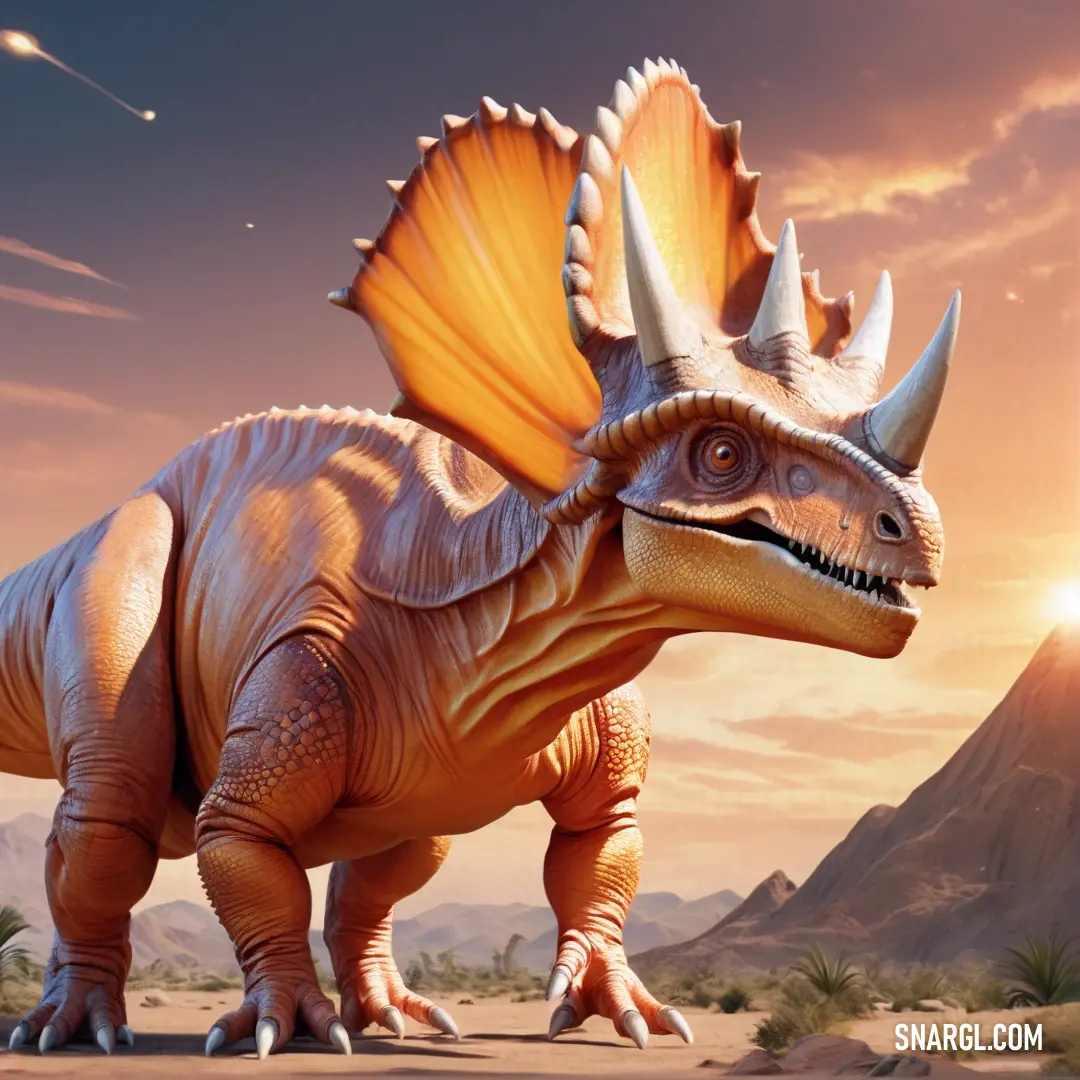 Large Aguhaceratops with a long neck and large wings standing in a desert area with a mountain in the background