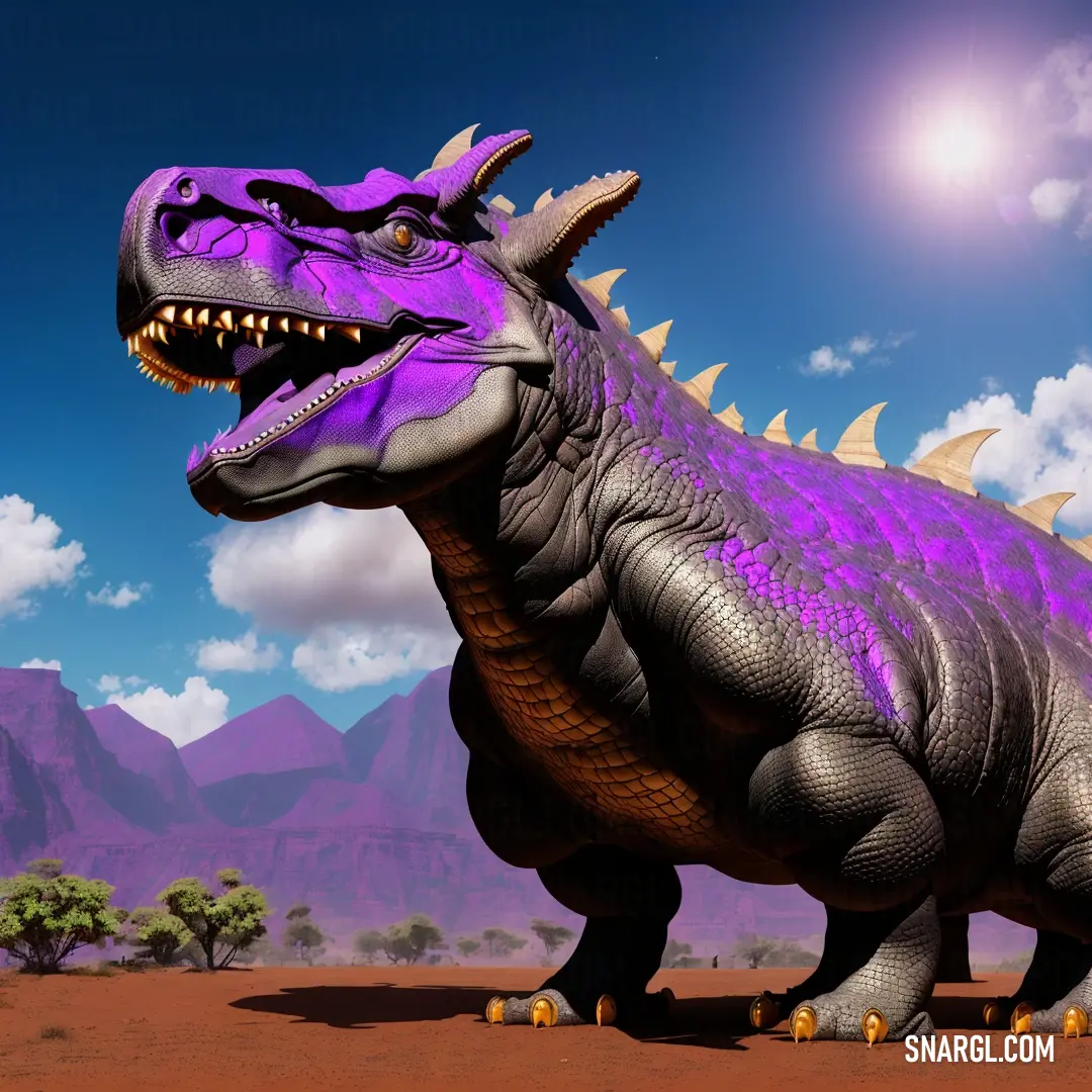 Purple dinosaur is standing in the desert with mountains in the background and a bright blue sky with clouds