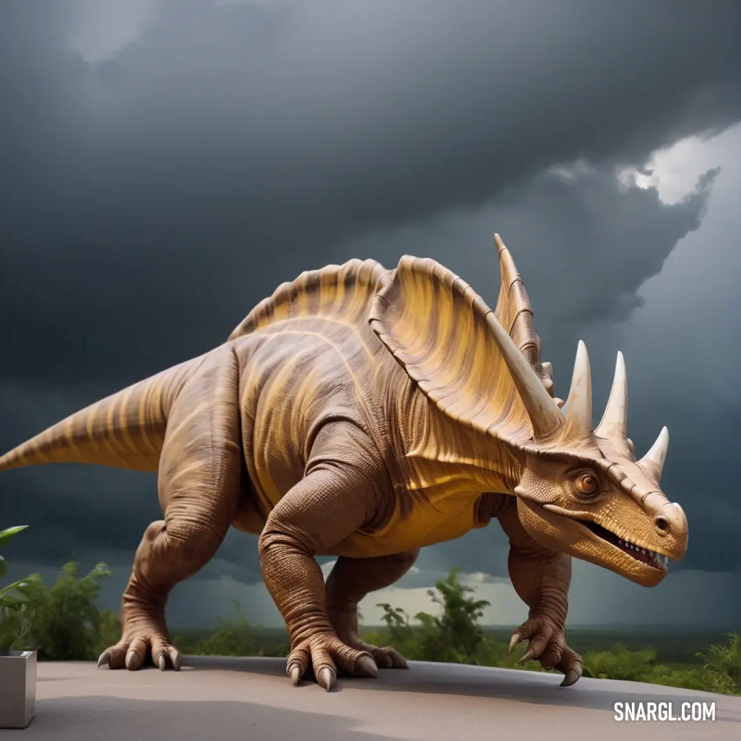 Toy Aguhaceratops is standing on a road under a cloudy sky with a storm in the background