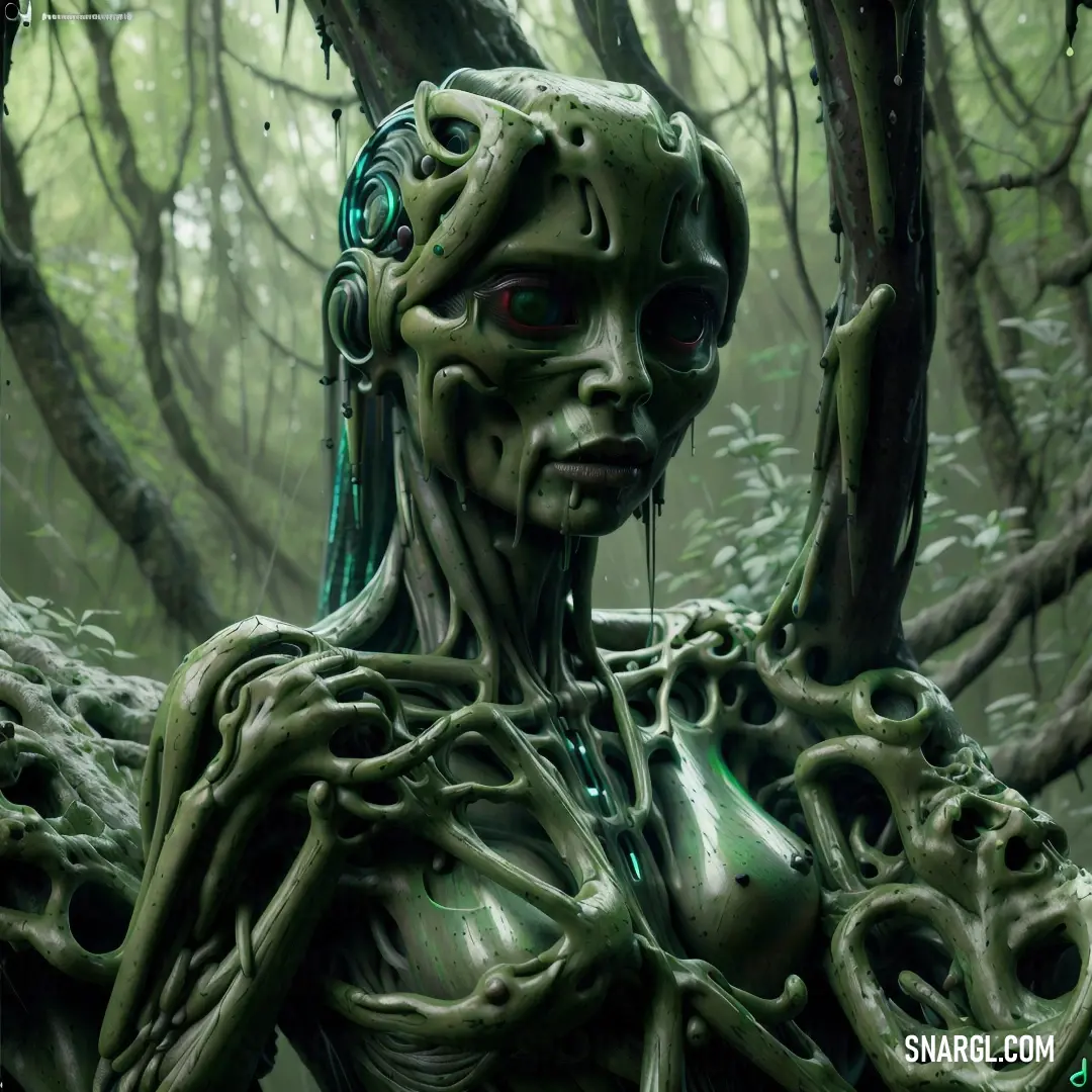 Humanoid in a forest with a tree in the background with a chain around its neck and a face