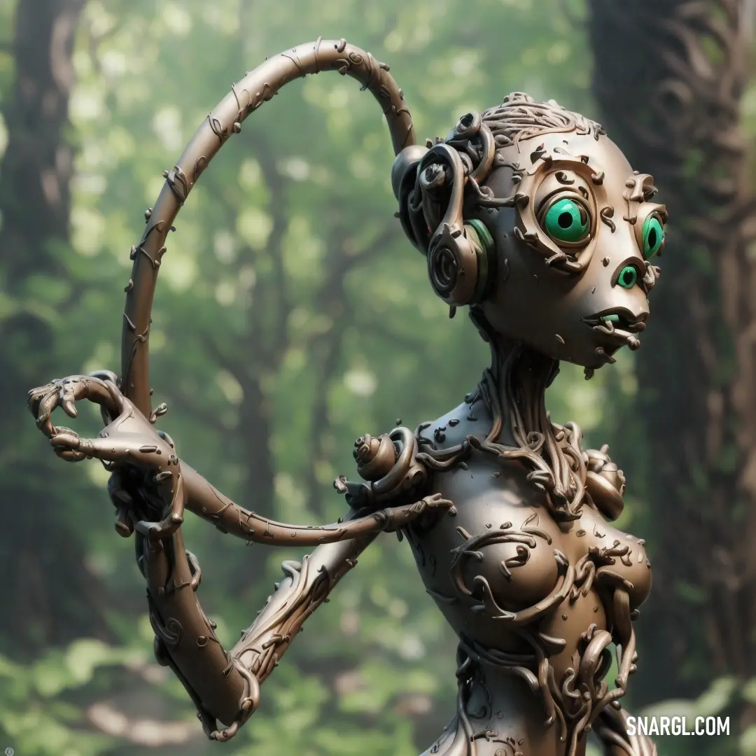 Statue of a woman with green eyes holding a bow in a forest with trees in the background
