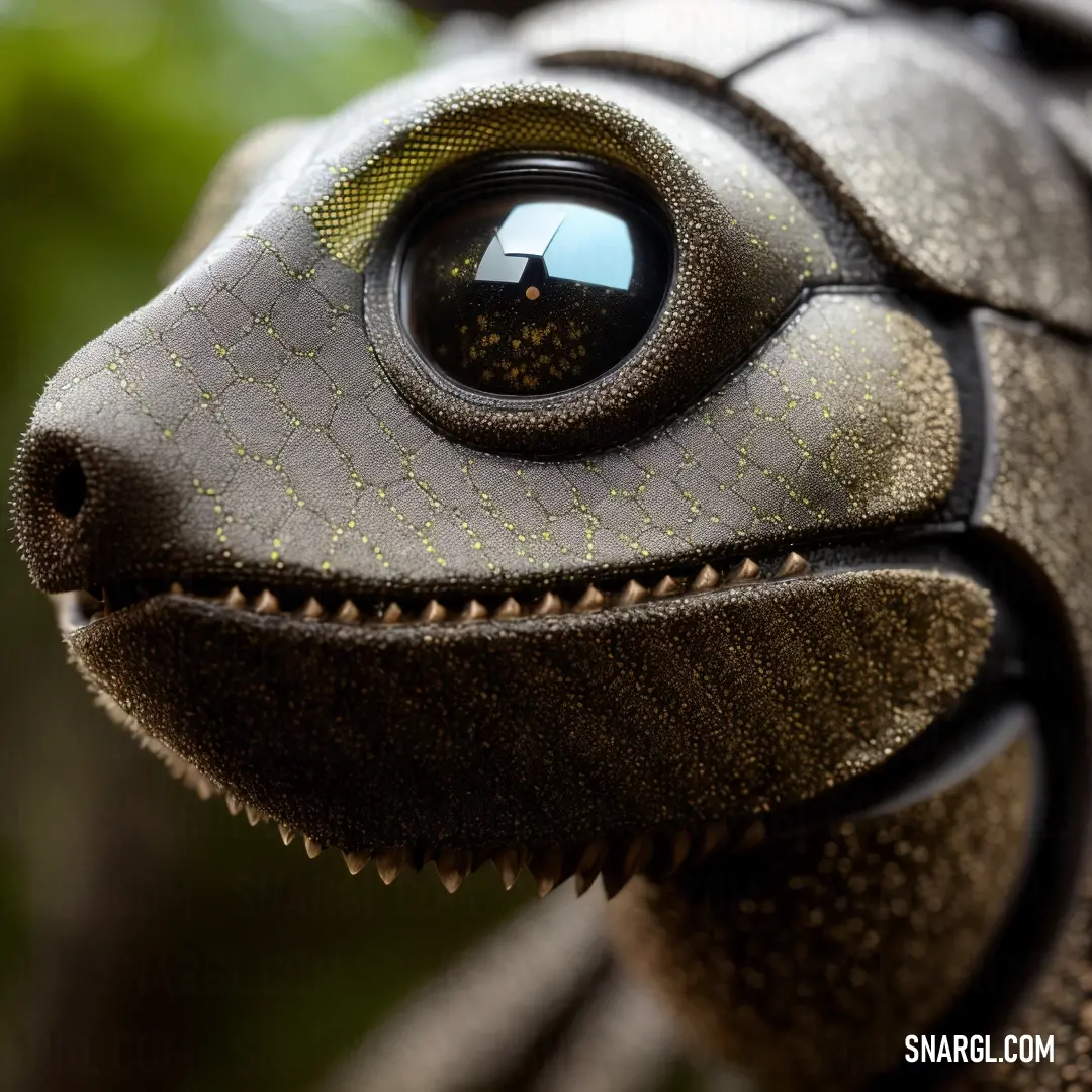 Close up of a toy dinosaur with a camera on its head and a tree in the background with leaves