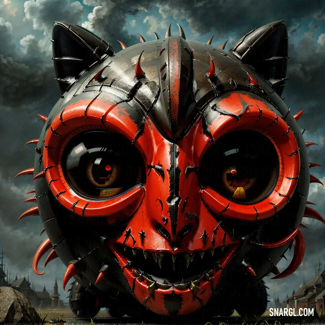 Cat mask with spikes and spikes on it's face is shown in front of a cloudy sky