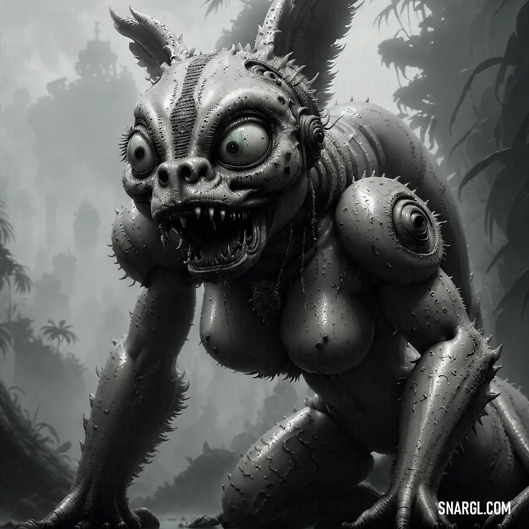 Creature with big eyes and a big mouth in a forest with trees and bushes in the background