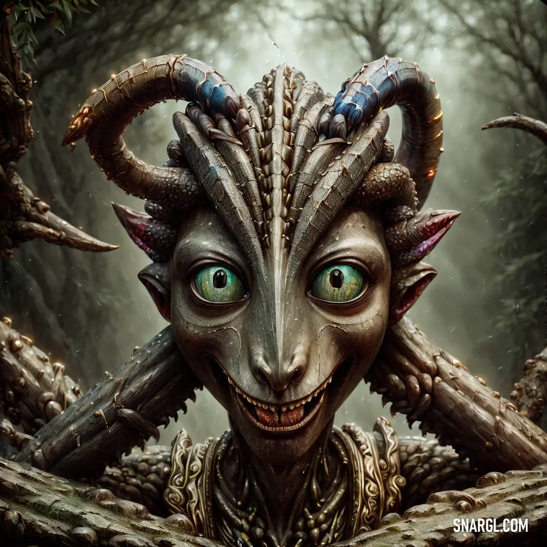 Creature with horns and huge eyes in a forest with trees and branches