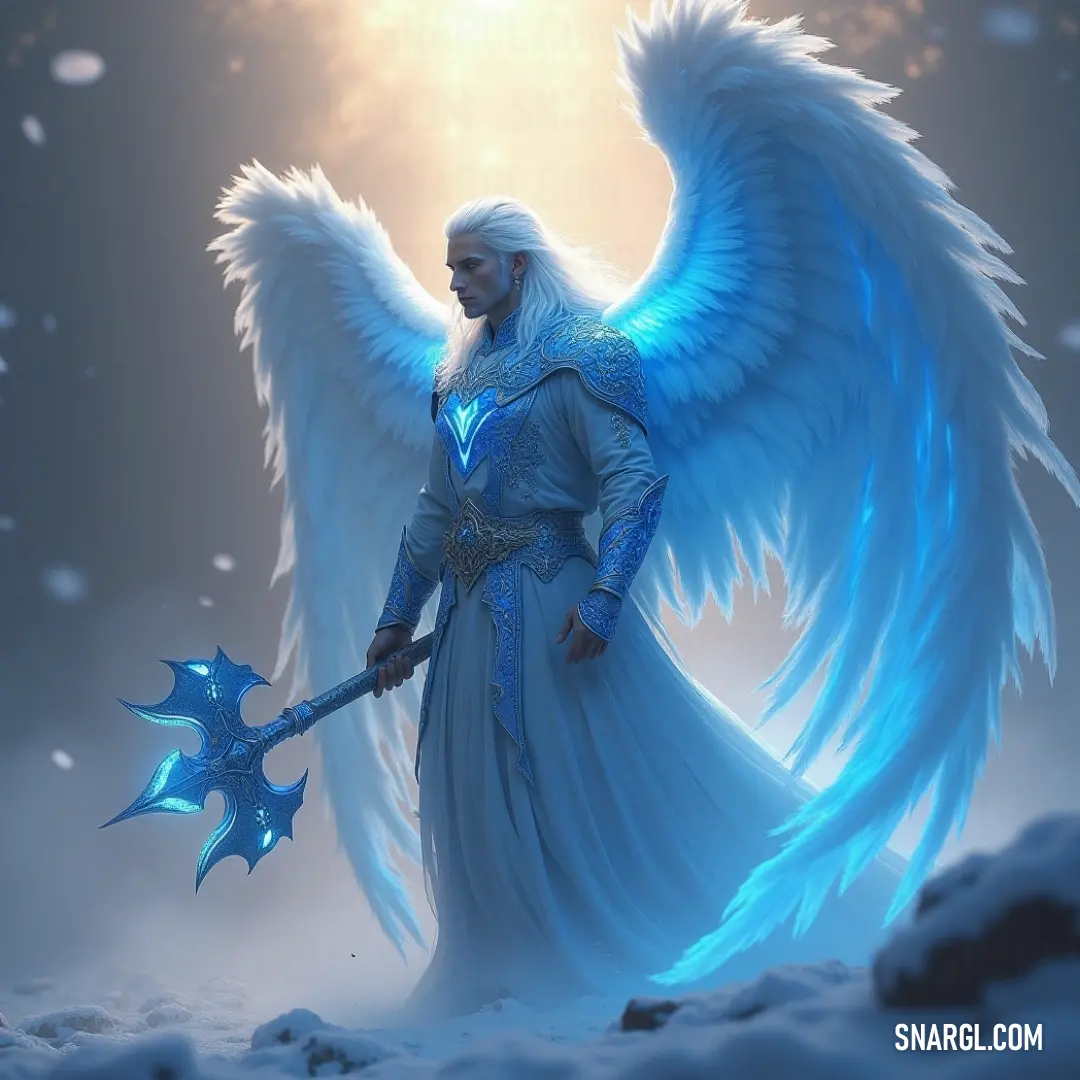 Amidst the snowy landscape, Ahiel wields a radiant sword, holding a glowing star, capturing the spirit of wonder and enchantment in this serene winter wonderland. Ahiel stands amidst a snowy expanse, a radiant sword in hand and a star glowing brilliantly in his palm. The soft white snowflakes swirl around him, creating a scene filled with wonder and magic, as the divine light radiates hope and inspiration in the wi