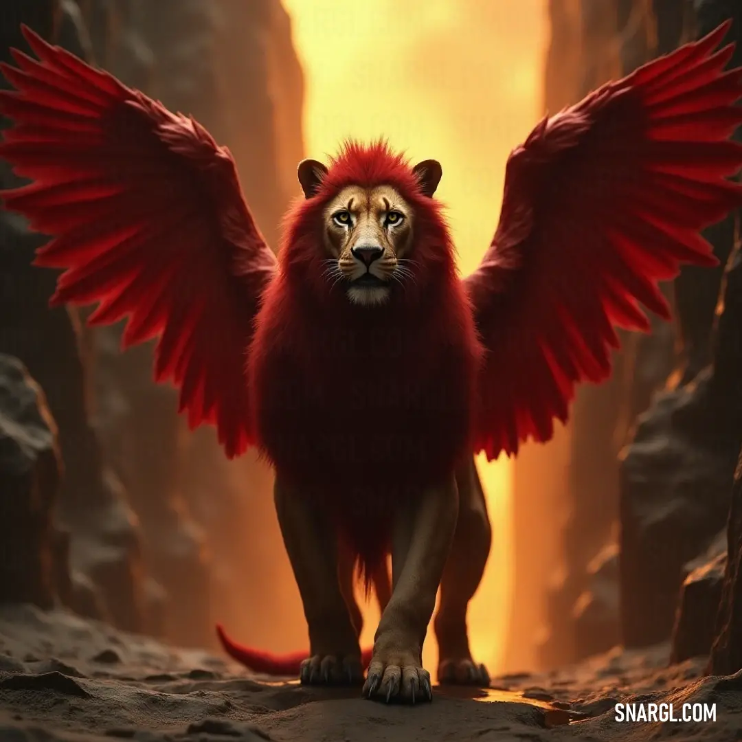 Ahriman's Simurgh sits majestically in a candlelit cave, its red wings framed by a vibrant sunset, representing a guardian of nature's secrets and wonders. In a mystic cave lit by the warm glow of sunset, an Ahriman's Simurgh with resplendent red wings stands guard, merging elegance with the enchanting atmosphere of twilight.