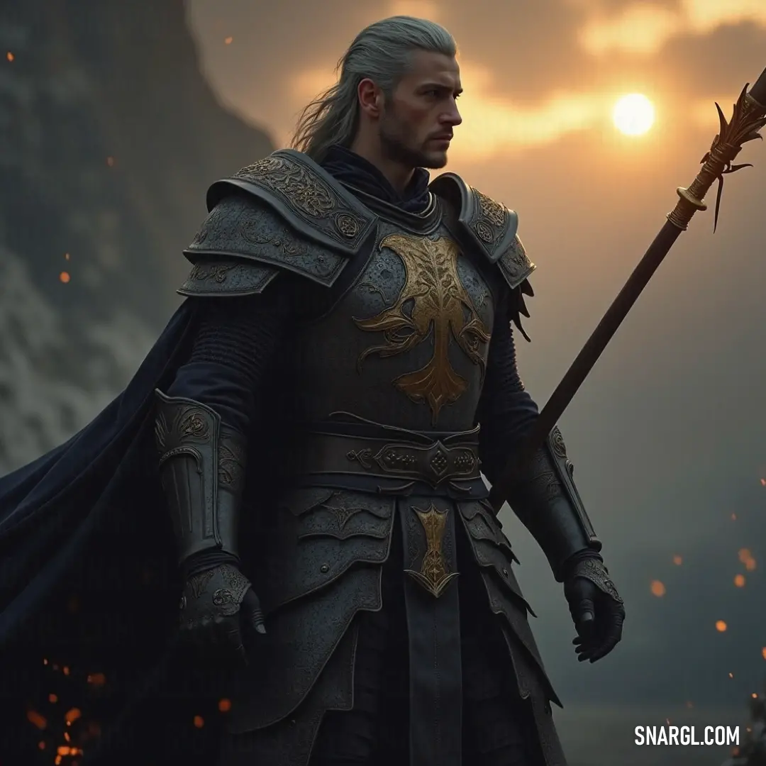 Aiden in full armor, holding a sword with a dramatic sunset in the background, symbolizing bravery and courage. A heroic figure named Aiden, clad in full armor, holding a sword in the air, standing against a breathtaking sunset. His powerful stance and the warm light from the setting sun enhance the sense of strength and valor.