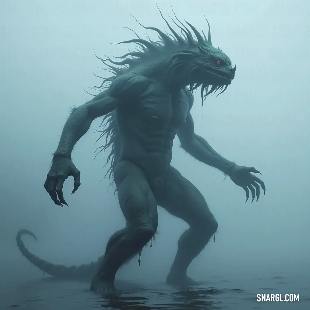 Aigamuxa, standing mysteriously in foggy waters, with flowing hair and an intense red eye radiating allure and mystique. Aigamuxa, an enigmatic figure with long flowing hair and a striking red eye, emerges from the tranquil waters shrouded in mist, evoking an eerie yet captivating atmosphere in the fog-laden surroundings.