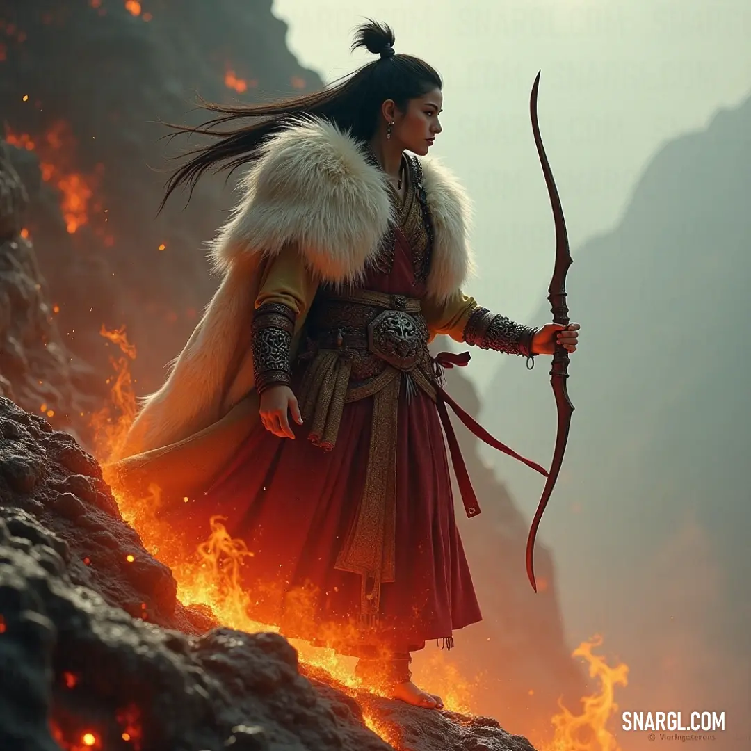 A courageous adventurer poised with a bow, set against a backdrop of fiery mountains, representing bravery and strength in a fantastical world. A heroic figure in a vibrant costume stands boldly against a backdrop of fiery mountains, bow and arrow in hand, ready for adventure as flames flicker around them, showcasing both power and determination amidst a dramatic landscape.