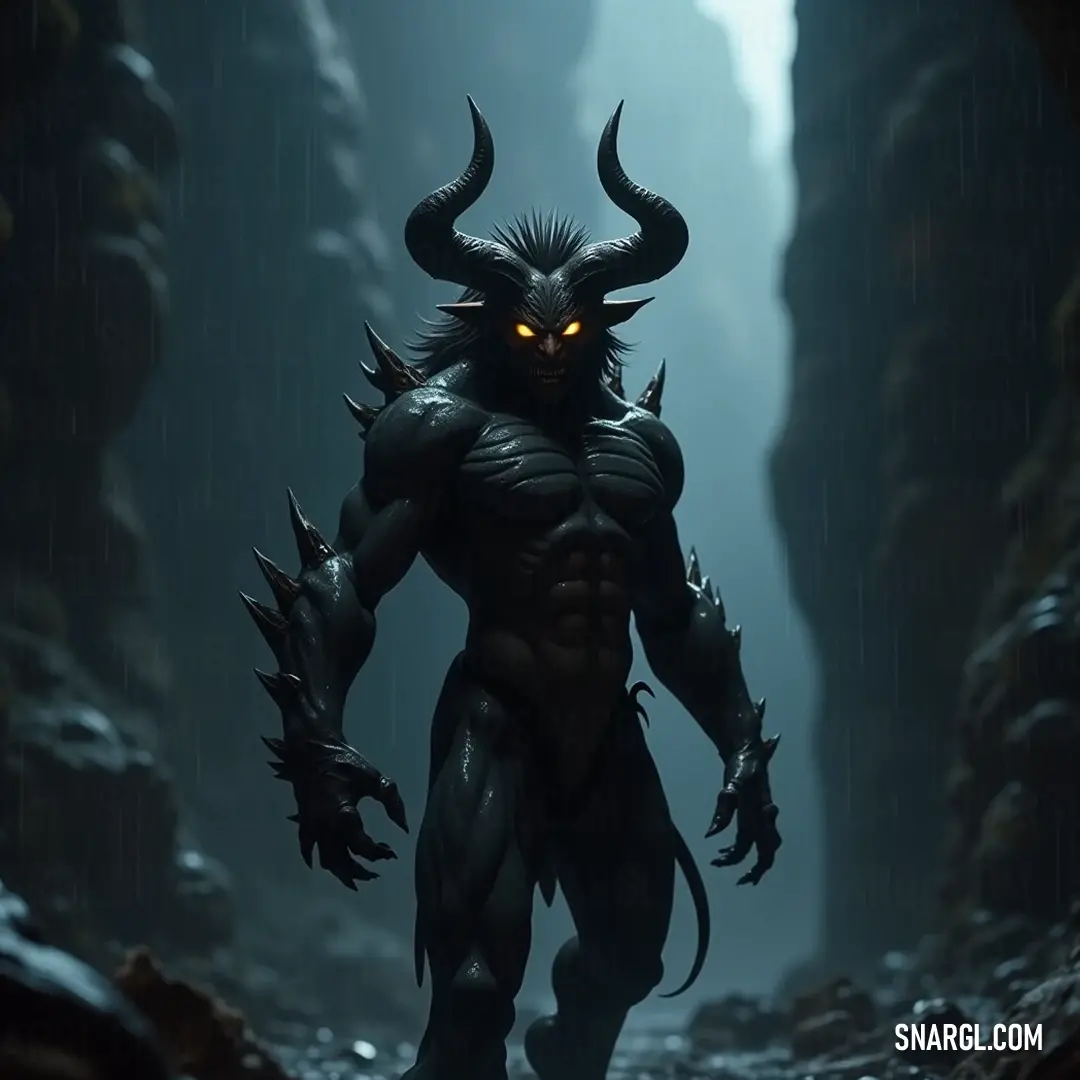 Aim traversing the Abyss: A formidable figure navigating through mist and rain, where each droplet adds to the enigma, highlighting the stark contrast of his glowing eye amidst a shadowy environment. In a rain-soaked cave, Aim strides confidently, adorned with prominent horns and a mesmerizing glowing eye on his face, showcasing a striking interplay of light and shadow in a dramatic setting.