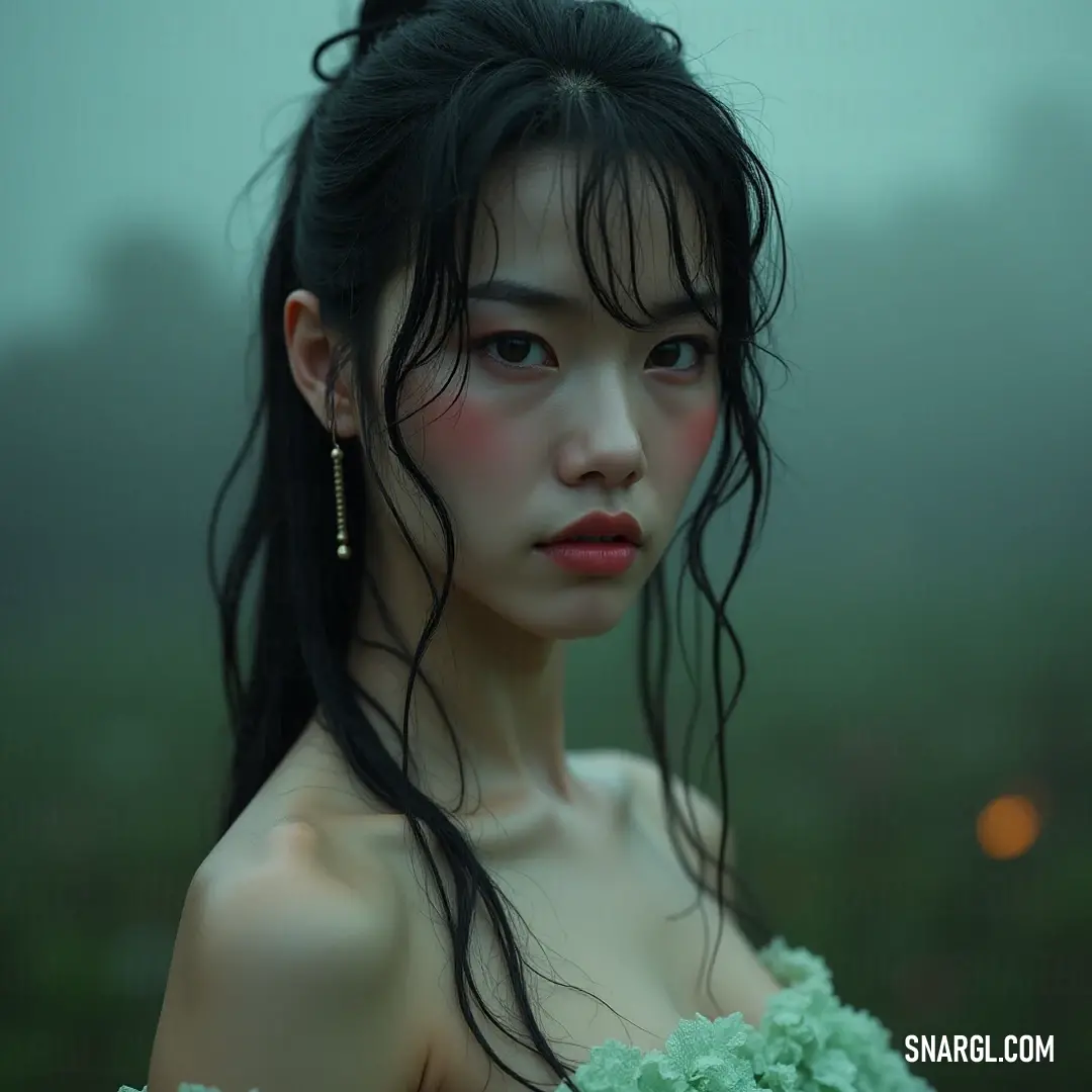 Aimi exuding elegance in a lush green dress on a foggy day, with a hint of floral charm in her hair. Aimi stands gracefully amidst a mysterious fog, her long hair flowing elegantly, adorned with a delicate green flower. Dressed in a vibrant green dress, she embodies a serene beauty that harmonizes with the enchanting, misty atmosphere around her.
