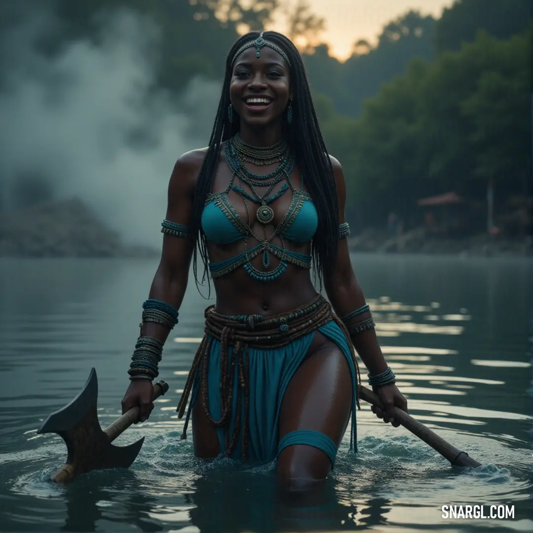 A warrior woman in a bikini, holding an axe, standing strong in the water with a forest backdrop. A fierce woman in a bikini, wielding an axe, standing confidently in the water. The dense forest looms behind her, while the water reflects her power and strength, creating a commanding presence.
