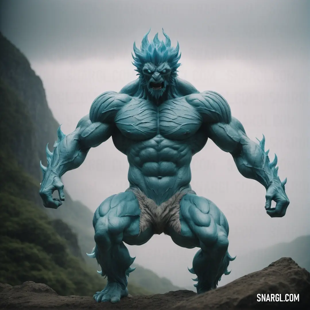 Blue Air elemental with big claws and a big head standing on a rock in the middle of a mountain