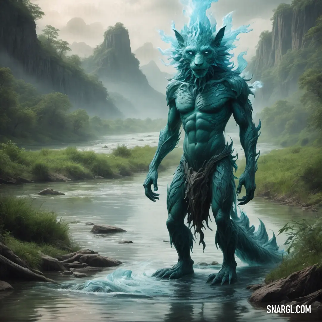 Air elemental with a blue hair standing in a river in a forest with mountains in the background and a stream running through it