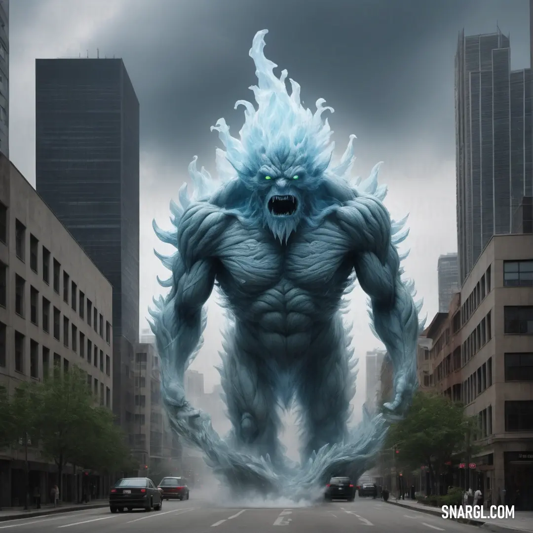 Giant Air elemental is walking down the street in a city with tall buildings and cars on the street below