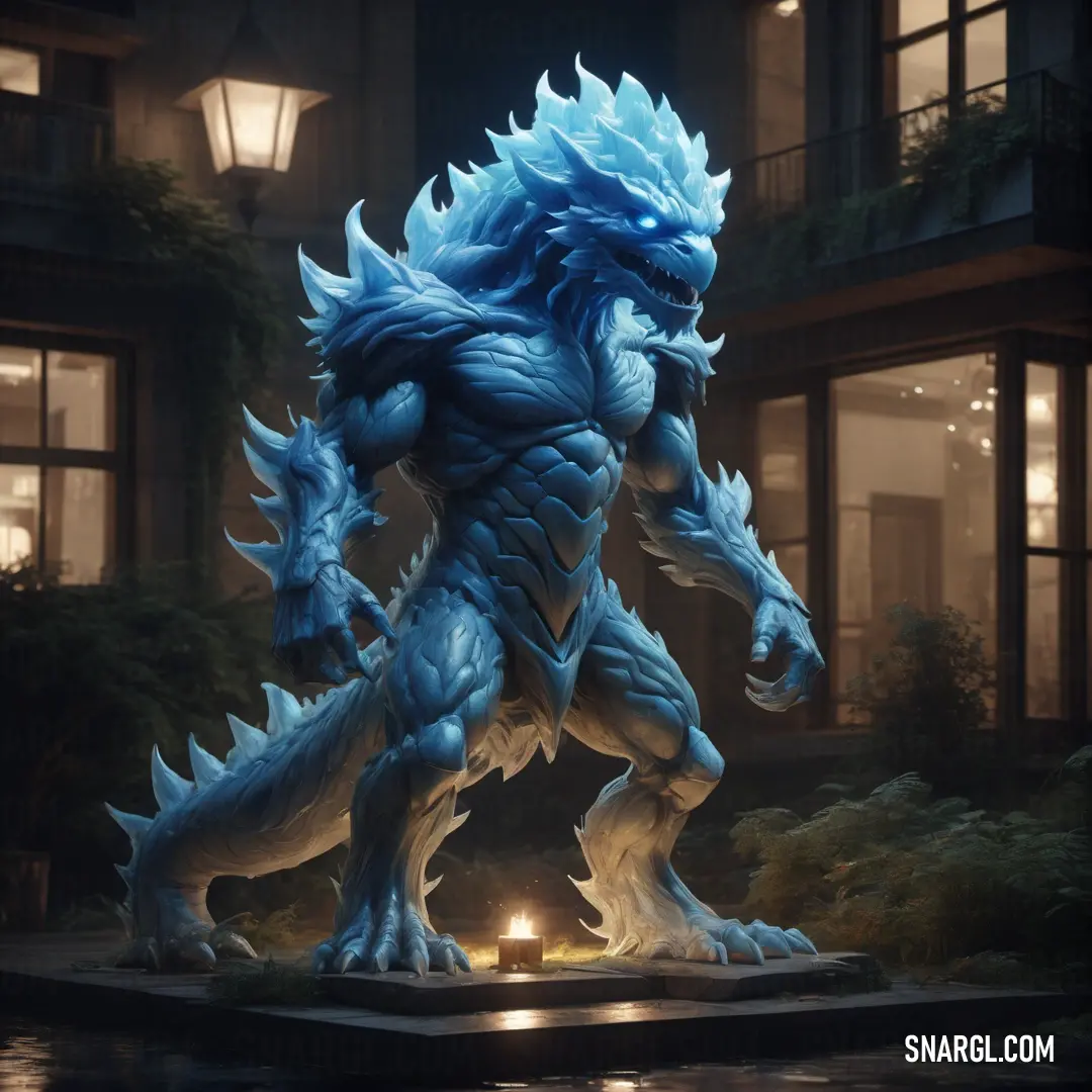 Statue of a blue Air elemental in front of a building at night