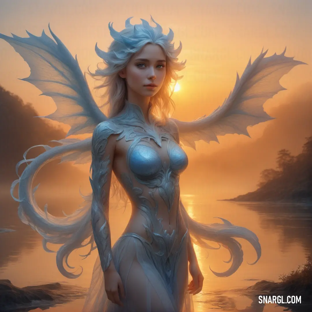 Woman Air elemental with white wings standing in front of a lake at sunset with a sunset behind her and a body of water