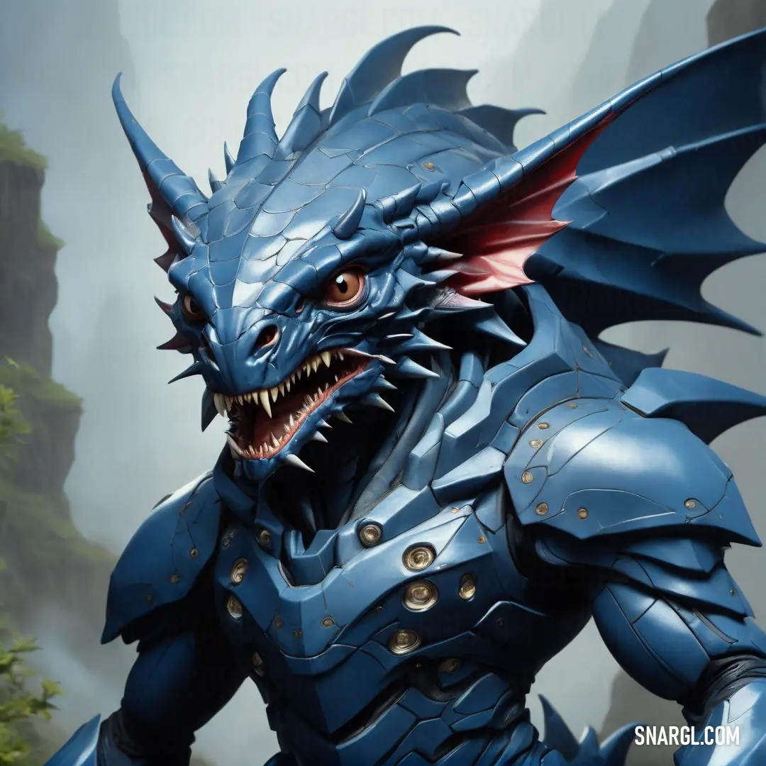 Blue dragon statue with a large head and large horns on it's face and a large body of body. Color RGB 93,138,168.