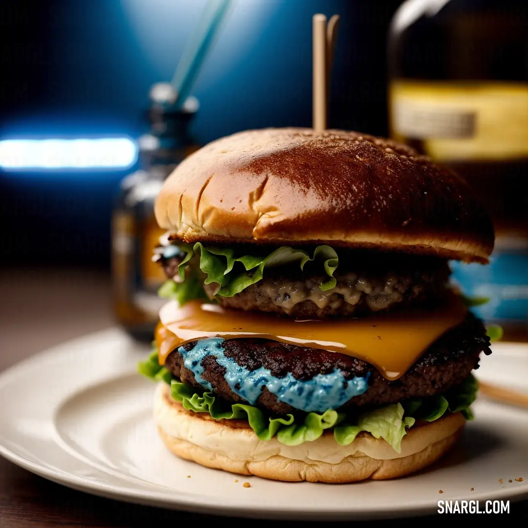 Hamburger with cheese and lettuce on a plate with a bottle of beer in the background. Example of #5D8AA8 color.