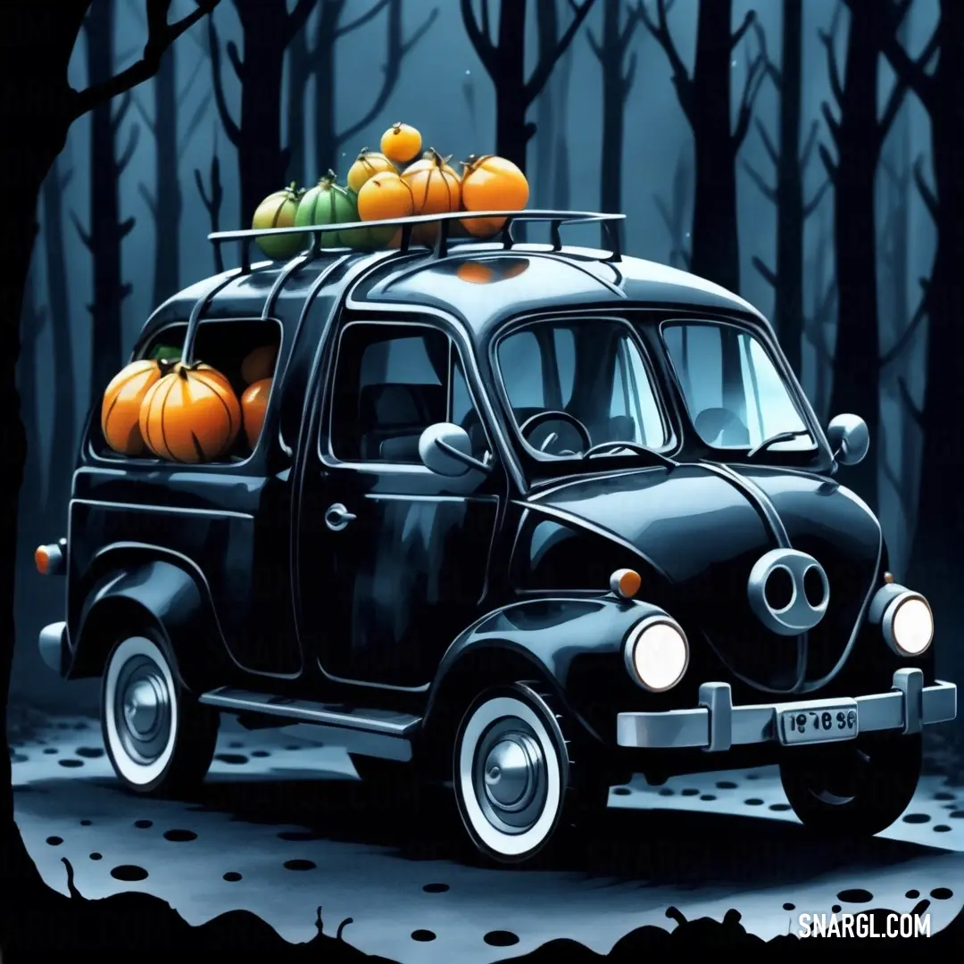 Black car with pumpkins on top of it in a forest with trees and a moon in the background. Color #5D8AA8.