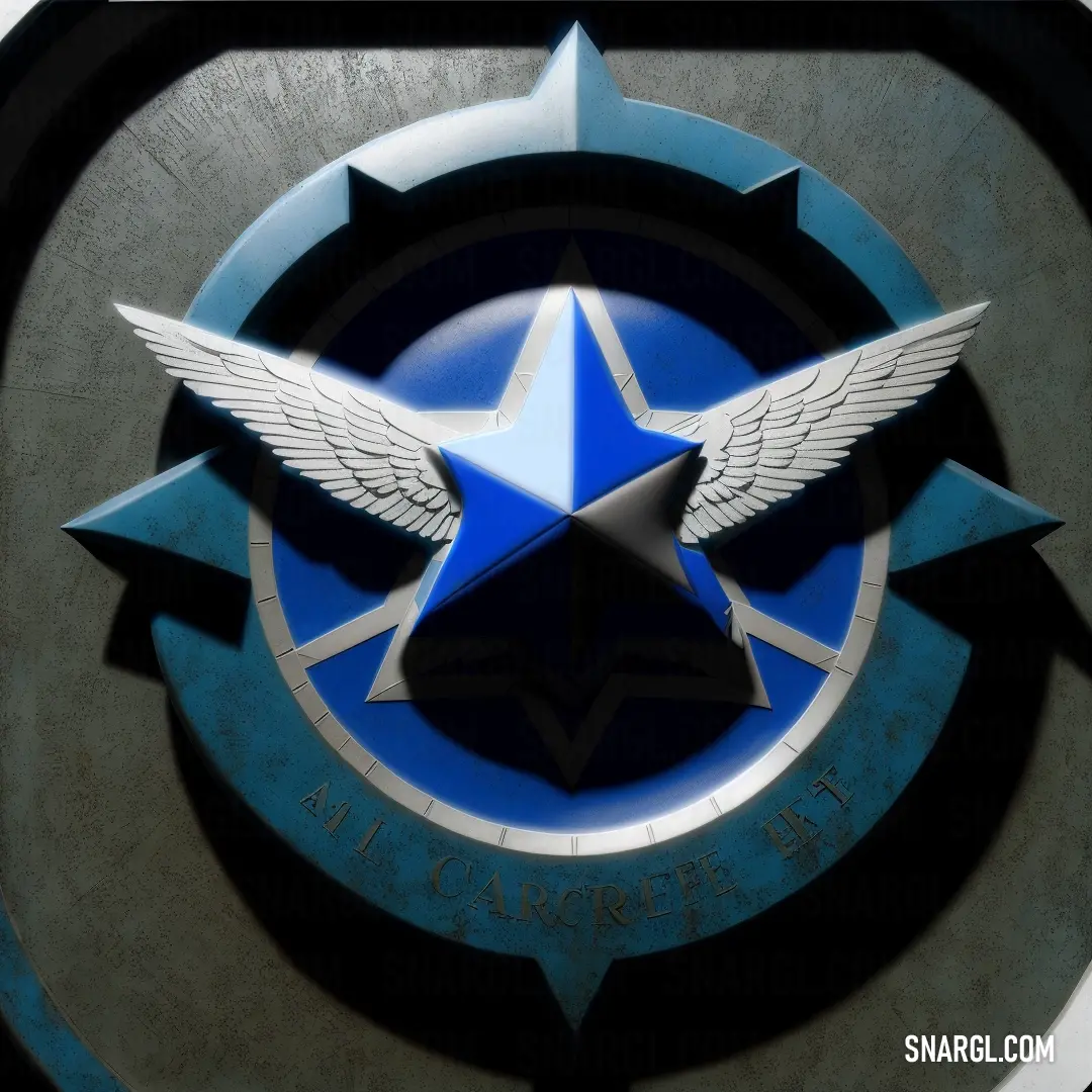 Blue and white emblem with a star on it's center circle