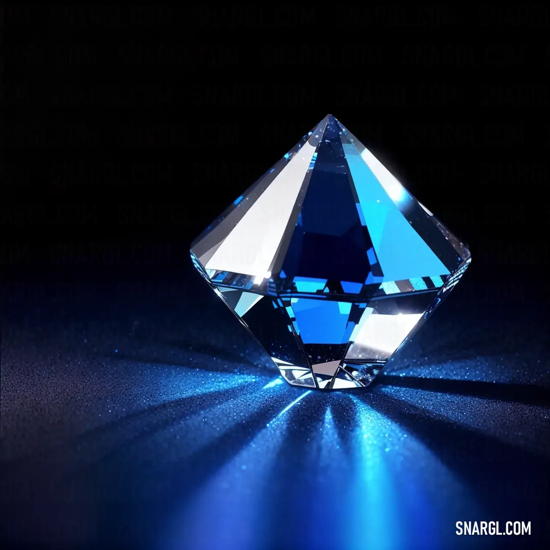 Blue diamond on a black background with a blue light shining through it and a shadow of the diamond