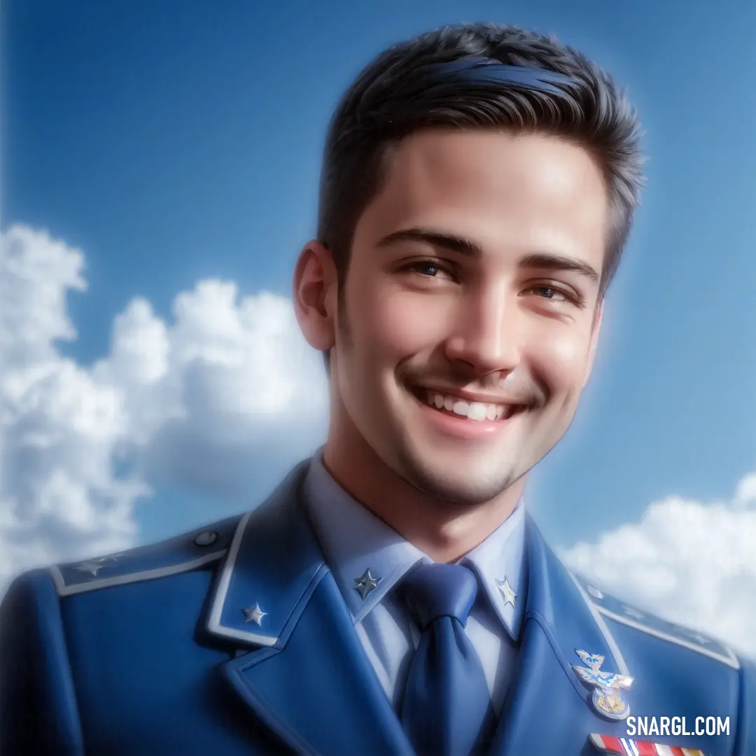 Digital painting of a man in a uniform smiling for a picture with clouds in the background and a blue sky