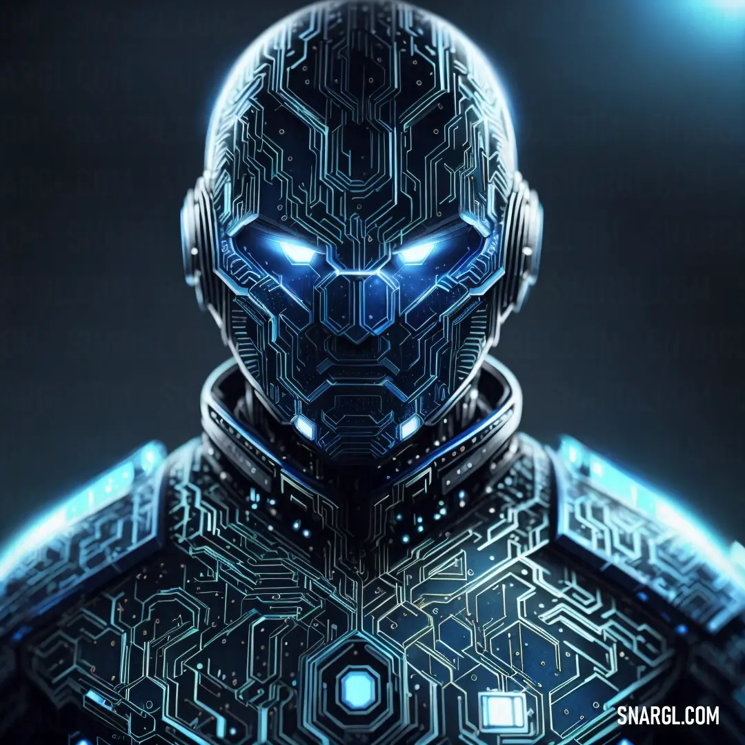 Futuristic man with a futuristic face and circuit board pattern on his chest